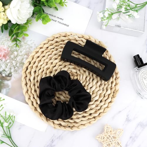YISSION Claw Clip and Satin Scrunchie Set, 2 Pack Black Hair Accessories, No Damage Hair Ties Non Slip Large Hair Clips for Women Girls Thick Thin Hair Daily Wear Party Wedding - color: Black