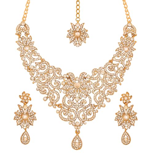 Touchstone Indian Jewelry Sets for Women Bollywood Wedding Bridal Necklace desi Earrings Formal Fancy Rhinestone India Designer Jewellery Punjabi Tikka Set in Antique Gold or Silver or White Tone - color: Gold Short Earrings