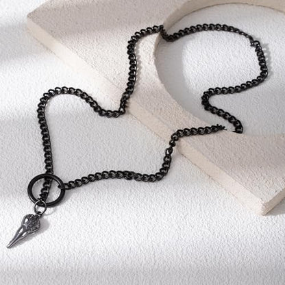 Slip Chain Necklaces for Women Stainless Steel Bar Pendant Choker Necklace Boho Handmade Long Lariat Necklace Silver Statement Punk Rock Collar Jewelry - style: layered black raven