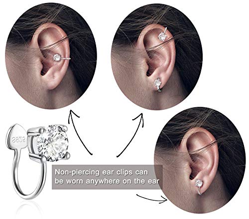 Cubic Zirconia Ear Cuffs - Sterling Silver Hypoallergenic Non-Piercing Cartilage Earrings CZ Clip on Earrings Round Crystal Stud Earrings for Women Girls 6mm - color: Silver