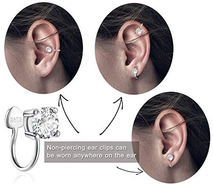 Cubic Zirconia Ear Cuffs - Sterling Silver Hypoallergenic Non-Piercing Cartilage Earrings CZ Clip on Earrings Round Crystal Stud Earrings for Women Girls 6mm - color: Silver