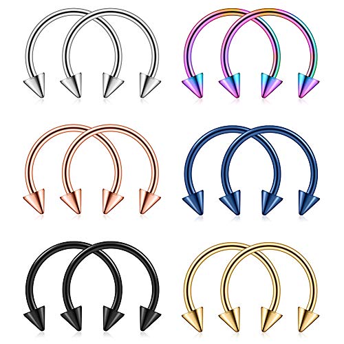 Ruifan 316L Surgical Steel CBR Horseshoe Circular Rings Nose Eyebrow Tragus Lip Ear Hoop Ring Piercing 20G 8MM 10MM 12-24PCS - style: 12PCS - 20G 3/8" w Spikes