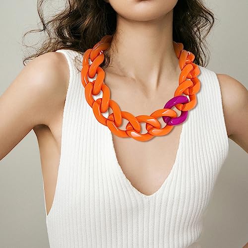 Firstmeet Statement Chunky Acrylic Chain Link Choker Necklace for Women - color: Orange