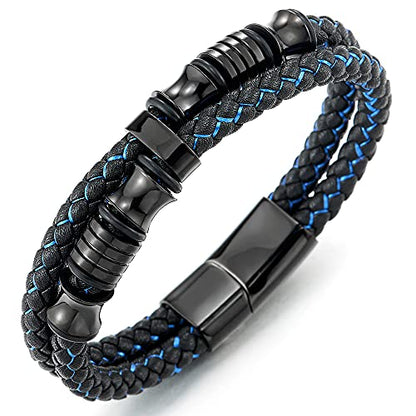 COOLSTEELANDBEYOND Mens Double-Row Braided Leather Bracelet Bangle Wristband with Black Stainless Steel Ornaments - color: H-Black Blue