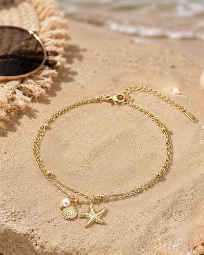Gold Shell Anklets for Women Dainty Gold Starfish Seashell Ankle Bracelets Boho Lightweight Starfish Shell Pearl Anklets Summer Beach Foot Jewelry Accessories