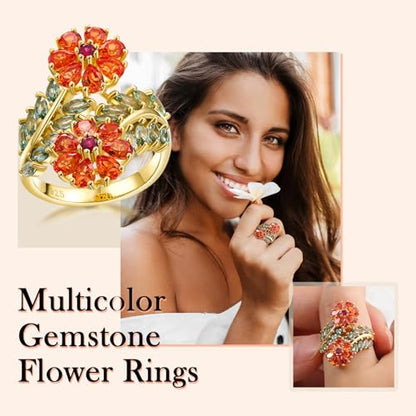 Statement Flower Ring Cocktail Leaf Ring Birthstone Anniversary Signet Ring | Hypoallergenic|14K Gold Plated|Sterling Silver Sparkling Engagement Promise Party Ring for Women, Size 6 to 10(With Box) - color: Flower - Garnet