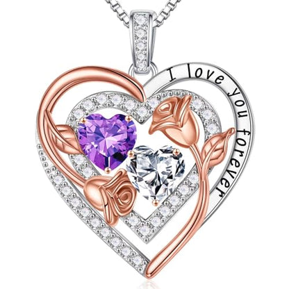 Iefil Birthstone Necklace for Women - Sterling Silver Birthstone Necklace, Anniversary Birthday Gifts for Wife Girlfriend Mom - color: 02-04-Feb-Apr Birthstone