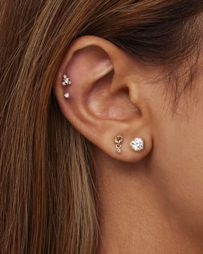 Threadless Flat Back Earrings, Hypoallergenic 14K Real Gold Plated CZ Stud Earrings | Cartilage Earring | Tragus Helix Piercing Jewelry | Push in Flatback Earrings for Women Men - color: Silver, size: 6 Millimeters