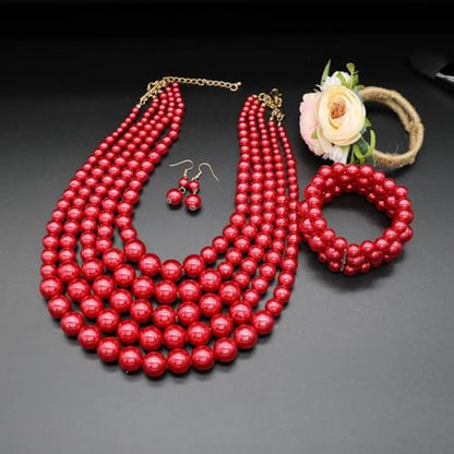 Faux Big Pearl Srand Necklaces for Women 5 Layers Pearls Choker Bib Collar Necklace Bracelet and Earrings set 1920s Costume Pearl Jewelry Bridal Wedding - color: red