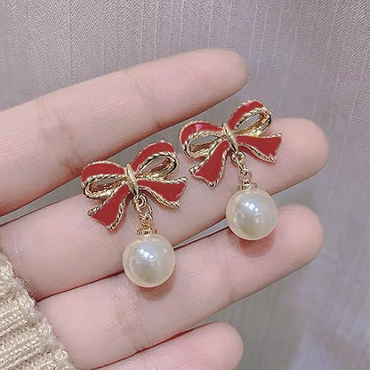 Gold Bow Earrings for Women, Long Tassel Chain Drop Earrings, Trendy Small Bow Earrings, Ribbon Waterfall Dangling Earrings, Pearl Bow Earrings, Sparkly Elegant Bowknot Preppy Jewelry Gifts for Women - color: Red