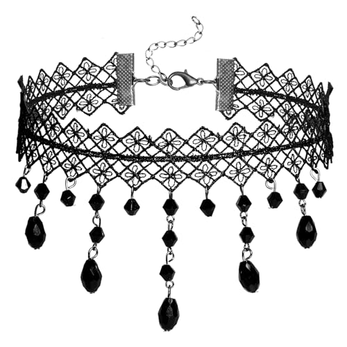 Gothic Black Choker Necklace for Women Adjustable Vintage Goth Velvet Lace Collar Crystal Pendent Necklace Halloween Cosplay Party Prom Costume Jewelry Accessories - color: Mesh Pendant