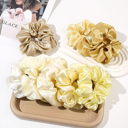 Ivyu Scrunchies for Women's Hair, Satin Hair Ties Bands, 4 Pieces, Big Scrunchies for Thick Curly Hair, Ponytail Holders, Cute Pony Tails, No Crease Hair Ties, No Damage - color: Yellow