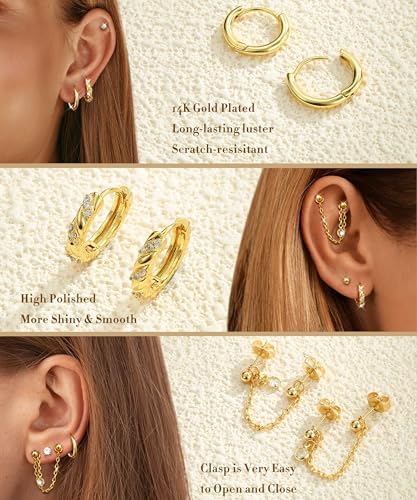 3 Pairs Dangle Hoop Chain Earrings Stacks for Women Trendy Huggie Earring | Non-Tarnish 5A CZ Stones Hoops Earrings Set for Multiple Piercing - style: 14K Gold Plated-Twist