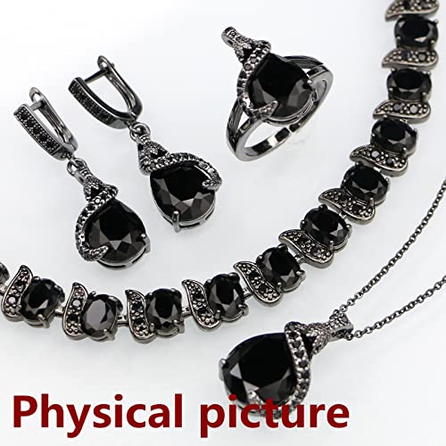 GZWHD Jewelry Set for Women Water Drop Cubic Zirconia Artificial Crystal Earrings Pendant Necklace Open Ring Tennis Bracelet Wedding Anniversary Birthday Engagement Gift for Bridesmaid Wife Girlfriend Friend - color: Black Gun-Black