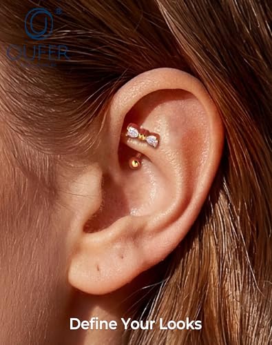 OUFER 16G Rook Earring Piercing Jewelry-316L Surgical Steel Pink Clear CZ Bow Eyebrow Rings, 6/8MM Curved Barbell Vertical Labret Lip Piercing Jewelry - color: Gold