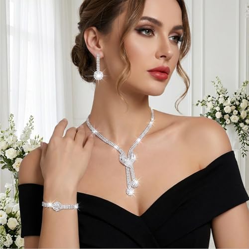 Silver Rhinestone Jewelry Set for Women - Rhinestone Necklace Crystal Dangle Earrings Bracelet Set, Bling Wedding Formal Costume Jewelry Sets for Women and Brides
