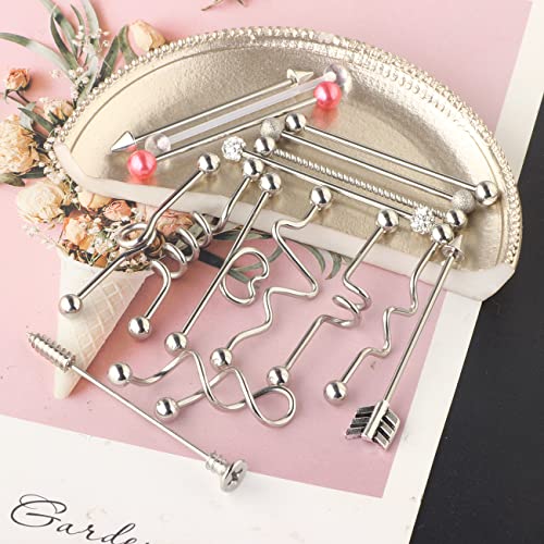 TIANCI FBYJS 7-16pcs 14G Stainless Steel Industrial Piercing Barbell Earring Cartilage Body Jewelry 38mm 1&1/2 Inch Industrial Piercing Bar for Women Men Snake Chain Dangle - color: silver 16pcs