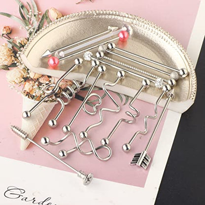TIANCI FBYJS 7-16pcs 14G Stainless Steel Industrial Piercing Barbell Earring Cartilage Body Jewelry 38mm 1&1/2 Inch Industrial Piercing Bar for Women Men Snake Chain Dangle - color: silver 16pcs