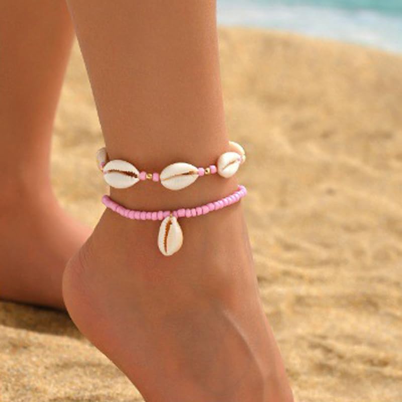INENIMARTJ Puka Shell Anklets Bracelet for Women Colorful Shell Beaded Anklet Summer Ocean Hawaiian Beach Foot Jewelry Mermaid Seashell Anklets Jewelry for Women - color: pink