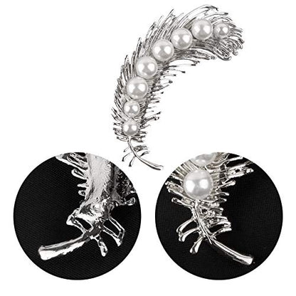 Pearl Diamond Brooch Pins for Dress Sweater Scarf, Wedding Party Decoration Birthday Christmas Gift - style: Feather (Silver)