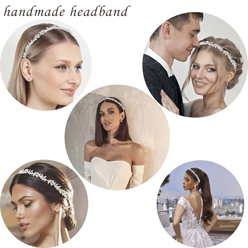 Wedding Headbands for Women Girls Bride Headband Bridal Headpieces Crystal Hair Band Silver Tiara Wedding Gifts Hair Accessories Elegant Fairy Rhinestone Handmade Leaves Flowers