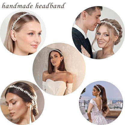 Wedding Headbands for Women Girls Bride Headband Bridal Headpieces Crystal Hair Band Silver Tiara Wedding Gifts Hair Accessories Elegant Fairy Rhinestone Handmade Leaves Flowers