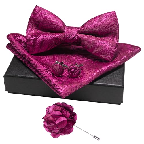 JEMYGINS Mens Paisley Bow Tie and Lapel Pin Necktie Pocket Square and Tie Clip with Sets for Business Casual 4PCS - color: Hot Pink