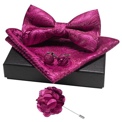 JEMYGINS Mens Paisley Bow Tie and Lapel Pin Necktie Pocket Square and Tie Clip with Sets for Business Casual 4PCS - color: Hot Pink