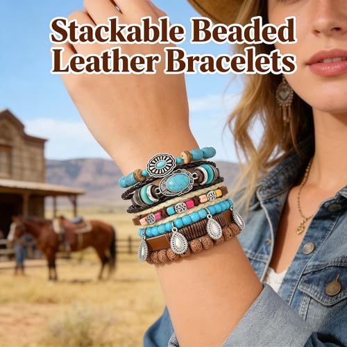 Western Outfits for Women Turquoise Western Bracelets Bohemian Vintage Stackable Beaded Leather Bracelets Adjustable Hand-woven Layered Bracelet Western Country Concert Jewelry for Women - style: Turquoise Teardrop