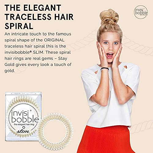 invisibobble SLIM Traceless Spiral Hair Ties - Pack of 3, Stay Gold - Strong Elastic Grip Coil Hair Accessories for Women - No Kink, Non Soaking - Gentle for Girls Teens and Thick Hair - color: Gold