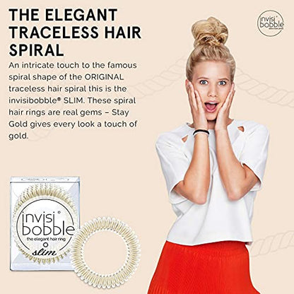 invisibobble SLIM Traceless Spiral Hair Ties - Pack of 3, Stay Gold - Strong Elastic Grip Coil Hair Accessories for Women - No Kink, Non Soaking - Gentle for Girls Teens and Thick Hair - color: Gold