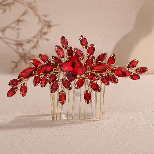 Square Rhinestone Hair Comb Silver Gold Rhinestone Wedding Headpiece Handmade Crystal Bridal Hair Comb Bridal Hairpiece for Brides Bridesmaid (red) - color: red