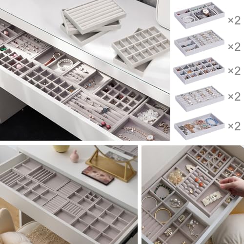10 Pack Jewelry Organizer Tray Drawer Inserts Stackable Velvet Liner Dividers Customizable Jewellery Box Foam Ring Earring Holder Necklace Bracelet Storage Display Dish Flat in Dresser Vanity - color: Grey