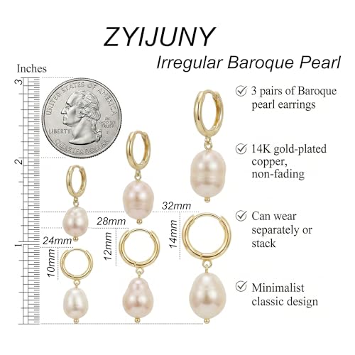 3 Pairs Huggie Hoop Pearl Earrings for Women, 14K Gold Plated Drop Dangle Earring Stackable Dainty Trendy Jewelry Set
