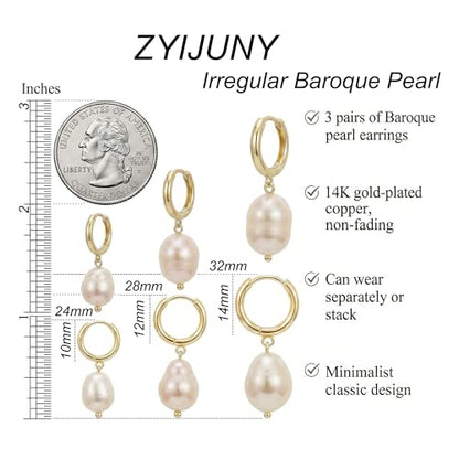 3 Pairs Huggie Hoop Pearl Earrings for Women, 14K Gold Plated Drop Dangle Earring Stackable Dainty Trendy Jewelry Set