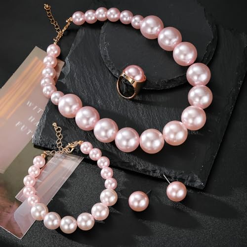 White Faux Pearl Necklace and Earrings Set Big Large Pearl Bead Ball Beaded Choker Necklace Black Pink Pearls Statement Bracelet Ring for Women - color: pink