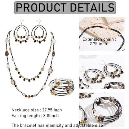 Bocar Bohemian Handmade Beaded Jewelry Set for Women 3 Pcs Layered Necklace Hoop Earrings Wrap Bracelet Set Boho Summer Vacation Jewelry Gift (NK-10834) - color: Black