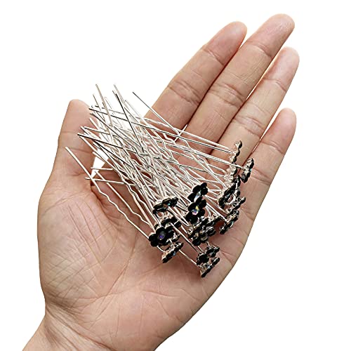 Rhinestone Flower Hair Pins, 40 Pcs U-Shaped Crystal Party Wedding Bridal Hair Accessories for Women Girls (Black) - color: Black