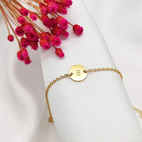 Ovian Initial Charm Bracelet for Women 18K Gold Plated stainless steel Coin Disc Engraved Letter Bracelet Personalized Monogram Name Bracelet - color: D