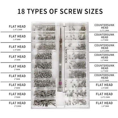 500-Piece Silver Micro Screw Repair Kit 18-Size Stainless Steel Tiny Screws with Screwdriver for Glasses, Watches, Jewelry & Electronics