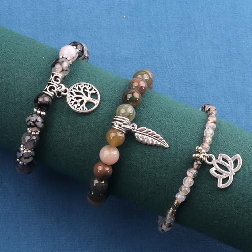 Tree of Life Yoga Healing Stone Bracelets,Multilayer Lotus Chakra Stone Reiki Bracelet Sets,Anxiety Crystal Natural Stone,for Women Stress Relief - style: Black dragon agate + Indian agate