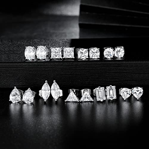MDFUN 9 Pairs 18K Gold Plated Stud Earrings Set for Women, Cubic Zirconia Earrings Studs, CZ Diamond Jewelry Hypoallergenic, Round Square Teardrop Eye Heart Cut, Size 6-11mm - color: White