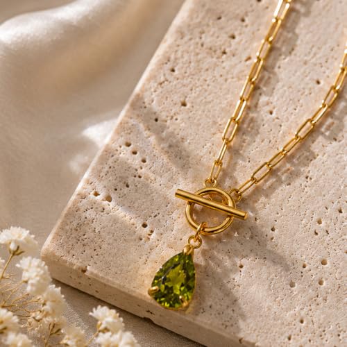 Teardrop CZ Pendant Paperclip Chain Necklace 18K Plated Paperclip Toggle Necklace Jewelry Birthstone Gift for Women - color: Peridot-August