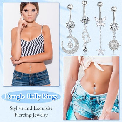 Lucomb Belly Rings for Women, 14G Belly Button Rings for Women Stainless Steel Dangle Belly Piercings Jewelry Rings with Hear Moon Butterfly Flowers - color: Silver