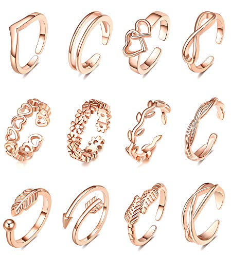TOBENY 12PCS Gold Toe Rings for Women Non Tarnish Adjustable Open Set | Rose Black Waterproof Toe Ring Set, Sterling Silver Toe Rings, Flower Arrow Tail Band, Dainty Summer Beach Foot Jewelry - color: C-Rose Gold
