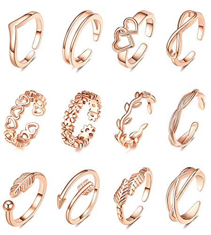TOBENY 12PCS Gold Toe Rings for Women Non Tarnish Adjustable Open Set | Rose Black Waterproof Toe Ring Set, Sterling Silver Toe Rings, Flower Arrow Tail Band, Dainty Summer Beach Foot Jewelry - color: C-Rose Gold