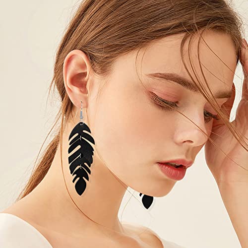 Handmade Unique Lightweight Bohemian Genuine Leather Leaf Dangle Drop Earrings Dainty Sparkly Chain Feather Hook Earring for Women Statement - color: Black
