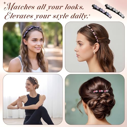 Suncalla 12 Pcs Headband with Clips Set for Women Girls, 6 Hairpin Headband, 6 Rhinestone Hair Clip, Flexible Double Layer Twist Plait Double Bangs Braided Hollow Woven Crystal Flower Hair Accessory