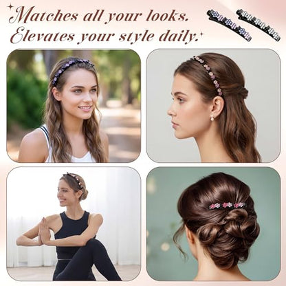 Suncalla 12 Pcs Headband with Clips Set for Women Girls, 6 Hairpin Headband, 6 Rhinestone Hair Clip, Flexible Double Layer Twist Plait Double Bangs Braided Hollow Woven Crystal Flower Hair Accessory