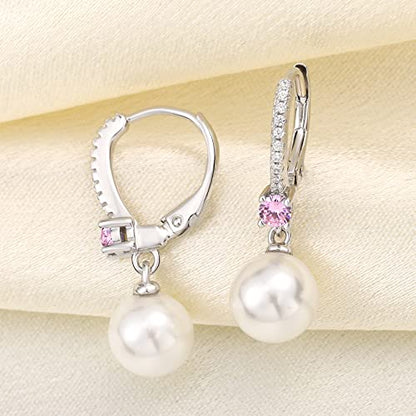 JO WISDOM 925 Sterling Silver Freshwater Pearl Hoop Earrings with Dangle Real Pearl,Simulated Pearls - color: B-8mm white pearl,Tourmaline color